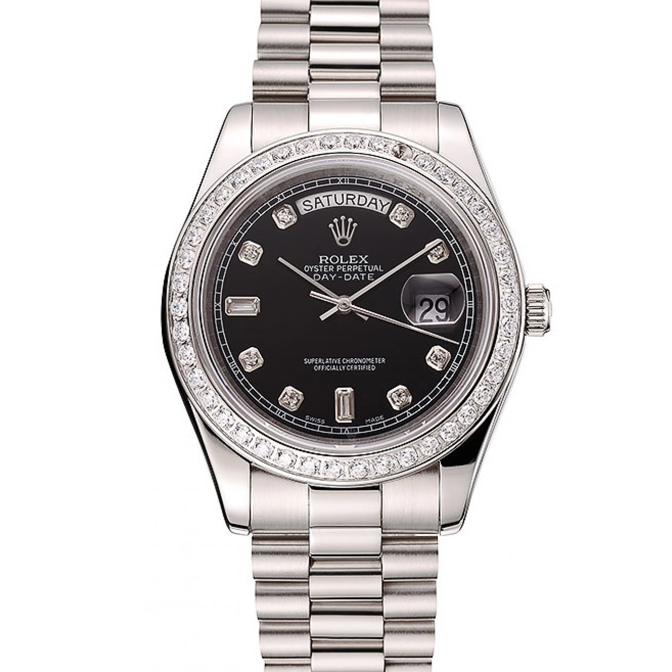 Aaa replica watch 1453966 Day-Date Dial Case Rolex Swiss Steel Diamond Numerals Black Diamond Stainless Bracelet 0820